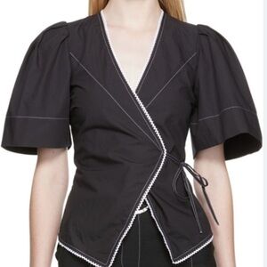 Ganni Broderie anglaise-trimmed organic cotton-poplin wrap blouse
